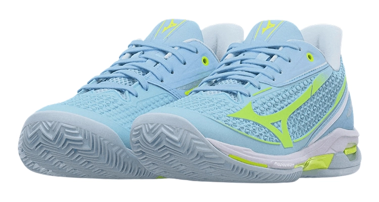 Кроссовки женские Mizuno Wave Exceed Tour 7 Грунтовые (Ледяная Вода/Молниеносный Желтый/Белый) на сайте ten-nis.ru