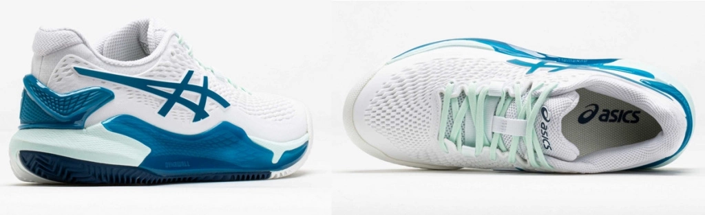 Кроссовки Asics Gel-Resolution 9 спереди и сзади в магазине Корт Кроссовки для тенниса Asics Gel-Resolution 9 (White/Teal Blue)
